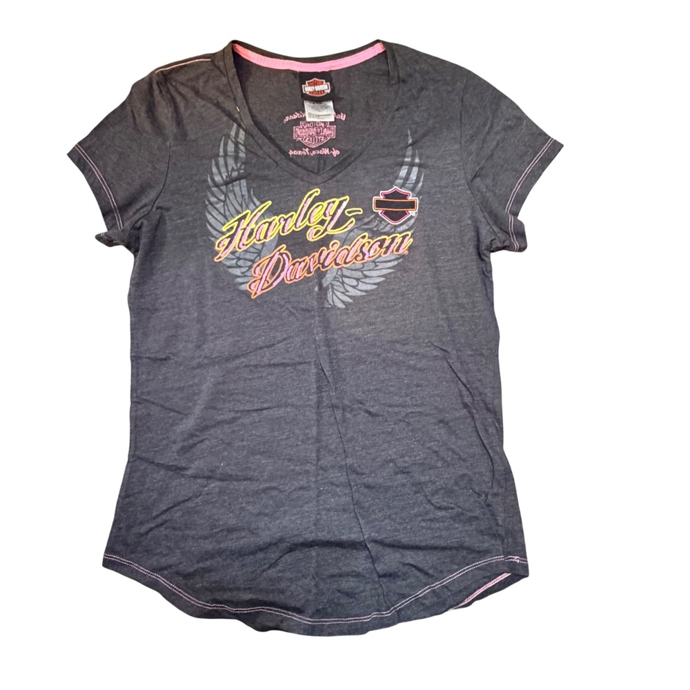 Harley-Davidson Womens V-Neck Graphic T-Shirt Charcoal Grey Pink Wings Large‎